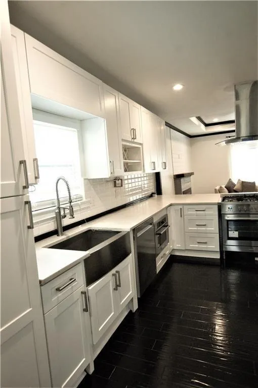 Kitchen with white cabinetry, stainless steel appliances, dark hardwood / wood-style floors, decorative backsplash, and exhaust hood