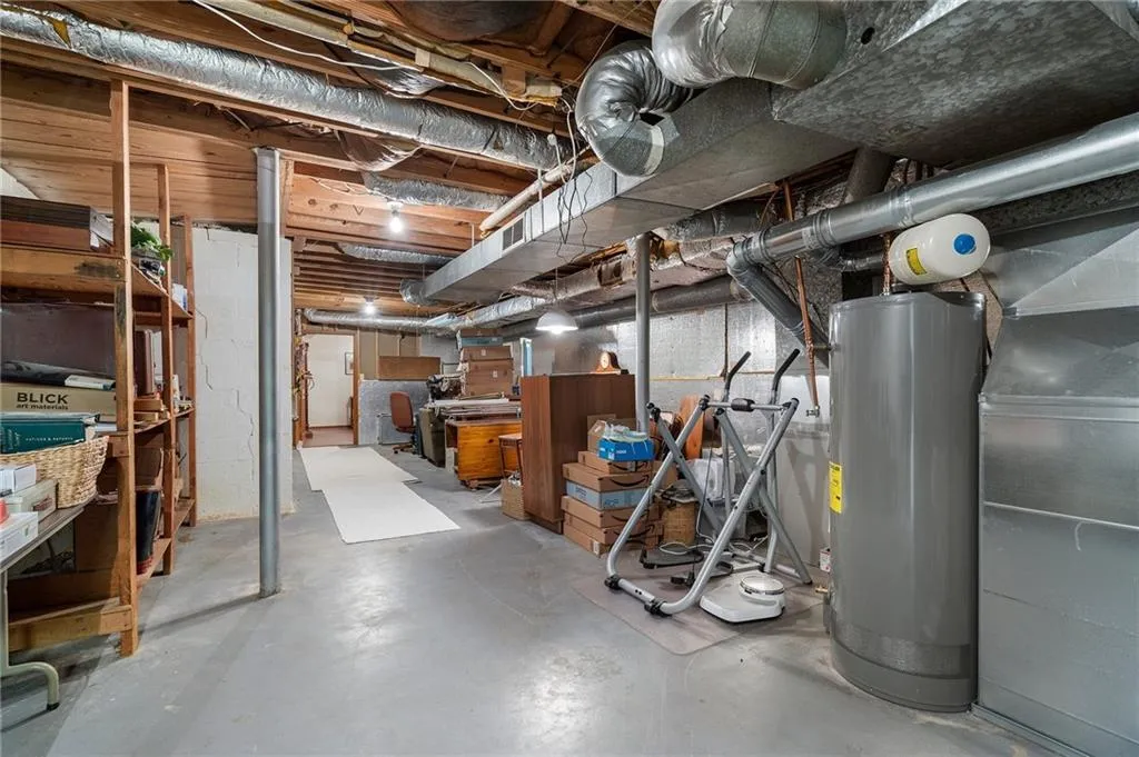 Basement storage area featuring gas water heater