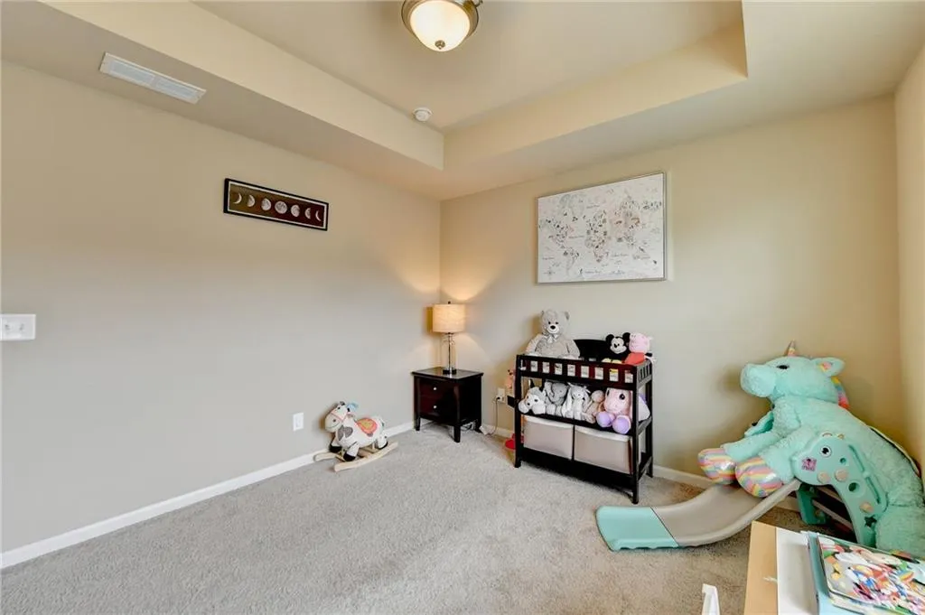 Carpeted bedroom featuring a raised ceiling