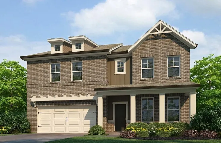 View of front of house featuring brick siding, a garage, a porch, concrete driveway, and board and batten siding