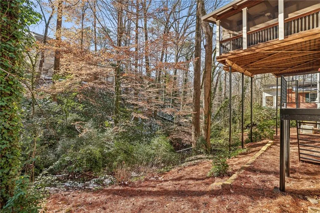 Natural backyard has multiple blooming trees, magnolia trees and azalea bushes.