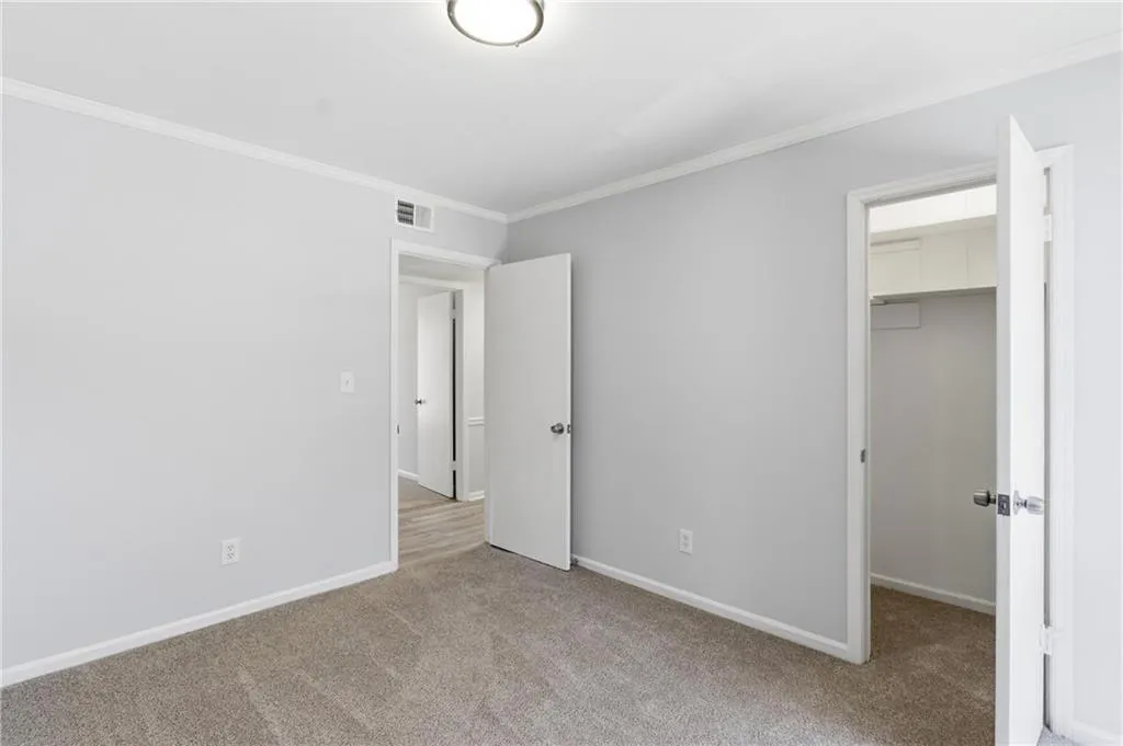 Unfurnished bedroom featuring crown molding, a spacious closet, and light carpet