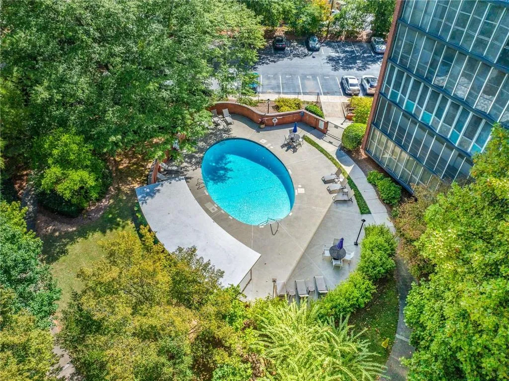 Drone / aerial view of a pool area