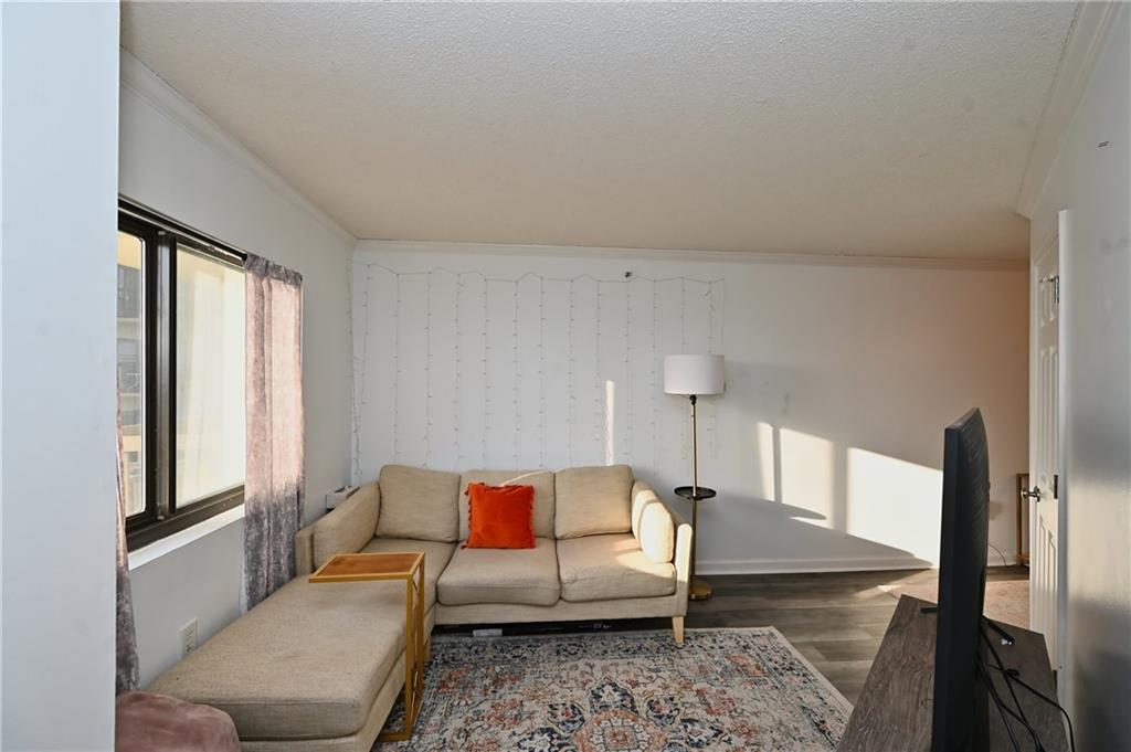 Living room with dark hardwood / wood-style floors, crown molding, and a textured ceiling