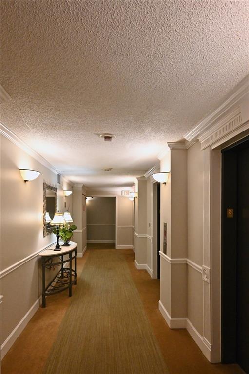Hall featuring elevator, crown molding, carpet flooring, and a textured ceiling