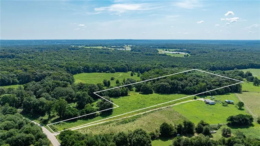 Expansive parcel with substantial treed areas, open green fields, and road frontage