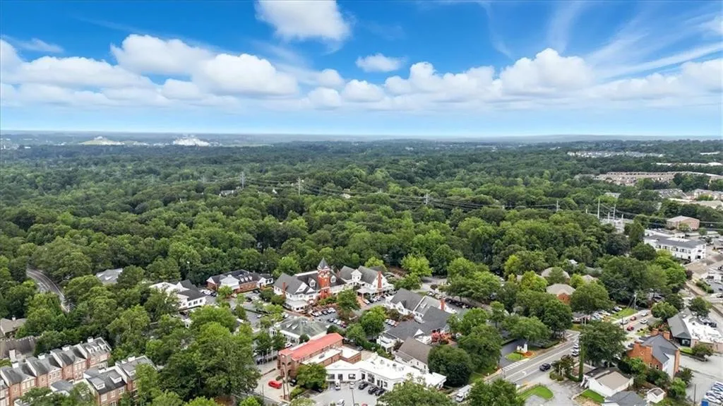 Aerial view of residential area featuring a forest