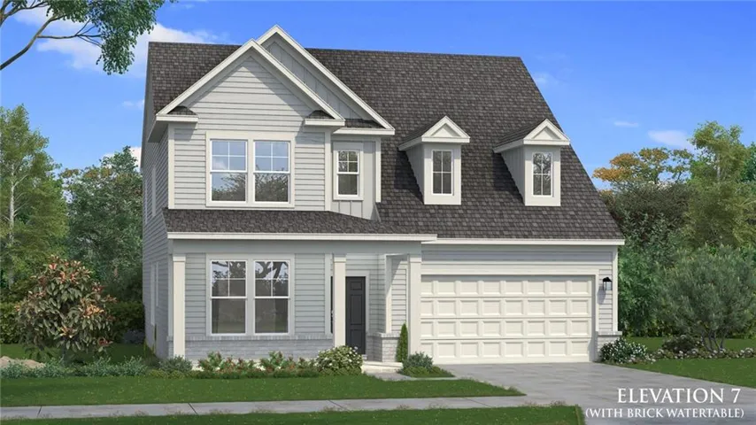 Two-story residence featuring light-colored siding, a dark shingle roof, twin dormer windows, an attached two-car garage, and a brick water table foundation