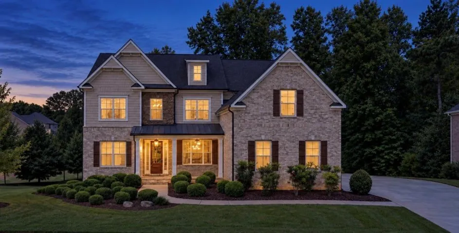 Two-story exterior with brick and siding facade, covered entry, and attached two-car garage