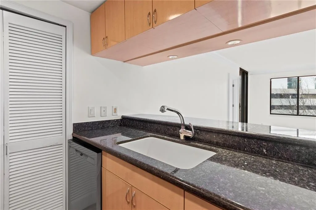 Kitchen with light wood finish cabinetry, dishwasher, and dark stone countertops