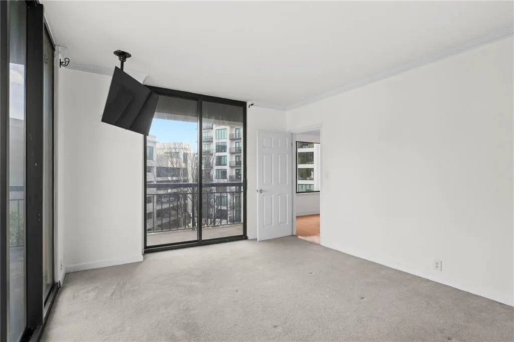 Spare room with ornamental molding, light colored carpet, and expansive windows