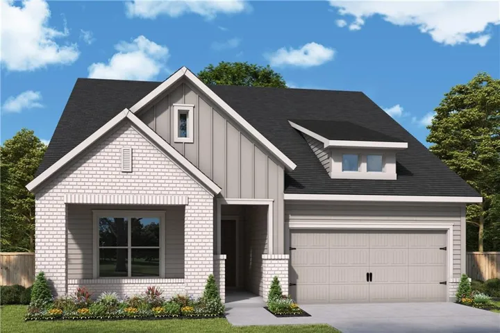 Exterior featuring light brick and horizontal siding, an attached garage, dormer window, and dark shingle roof