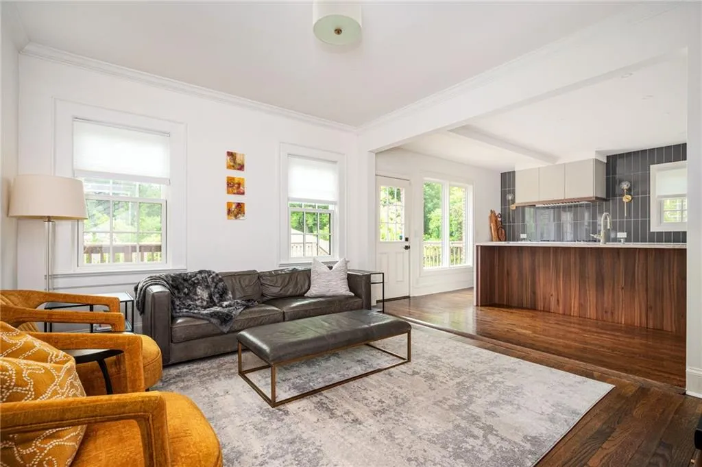 Family room with view of kitchen