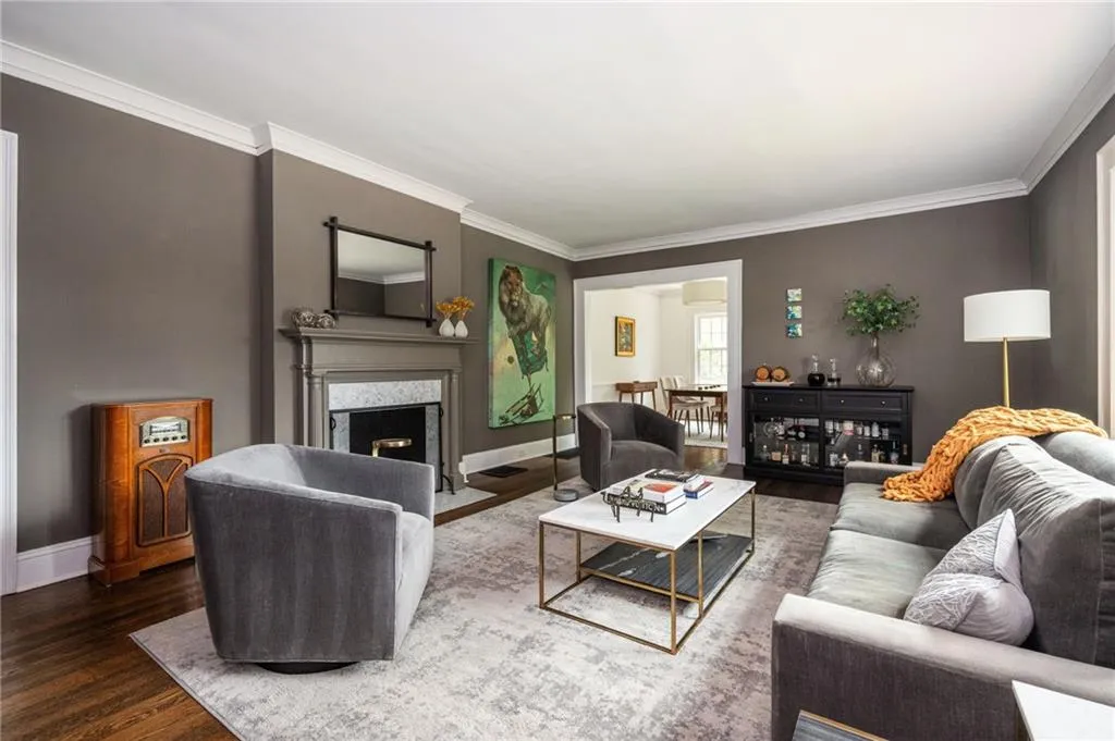 Living room with view of fireplace