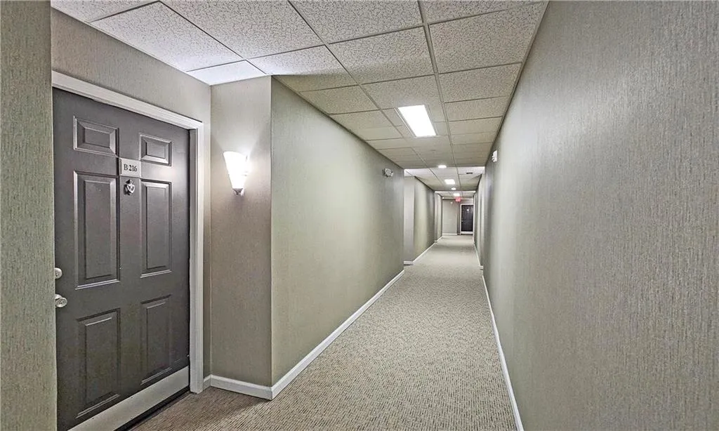 Hallway with carpet, a paneled ceiling, and baseboards