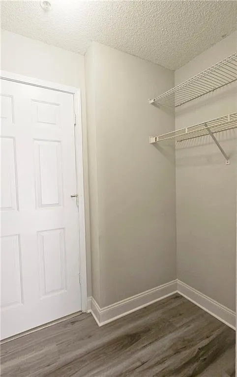 Spacious closet with dark wood-style floors