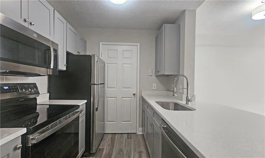 Kitchen with gray cabinets, a sink, tasteful backsplash, dark wood-style floors, and appliances with stainless steel finishes