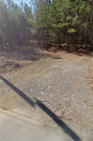 Gravel terrain with a wooded perimeter featuring mature pine trees