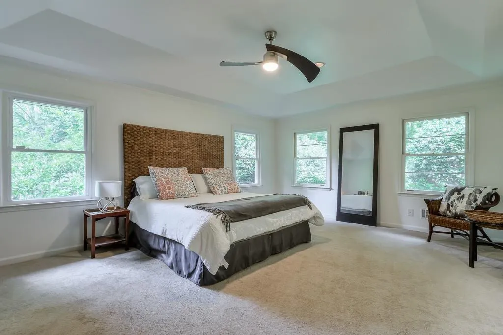 Owner's suite with carpet and a ceiling fan, multiple windows, and a tray ceiling