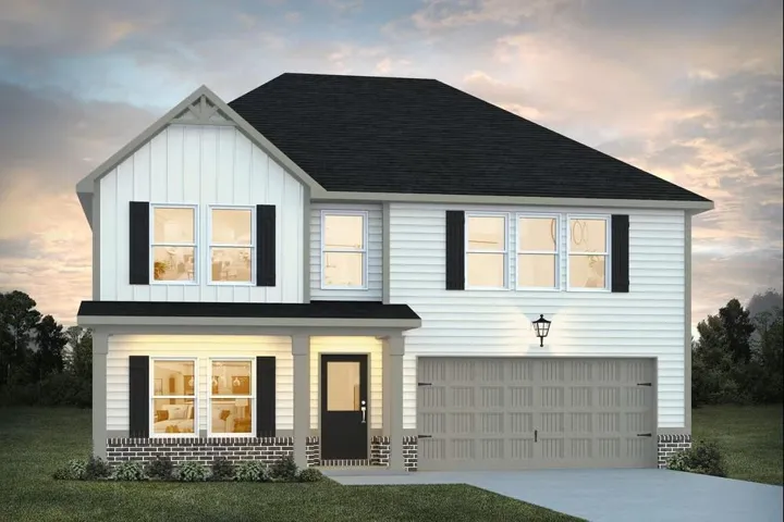 Two-story home featuring a combination of white siding and board-and-batten accents
