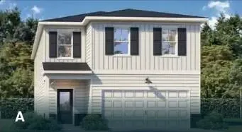 Two-story residence featuring a dark roof, white siding, black window shutters, a front entry door with transom window, and an attached garage with paneling