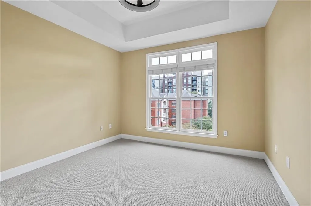 Empty room with carpet and a tray ceiling