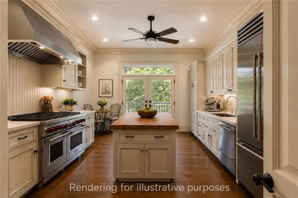 Gourmet kitchen with professional-grade stainless steel appliances, custom cabinetry, a wood-top island, recessed lighting, and wood-finish flooring