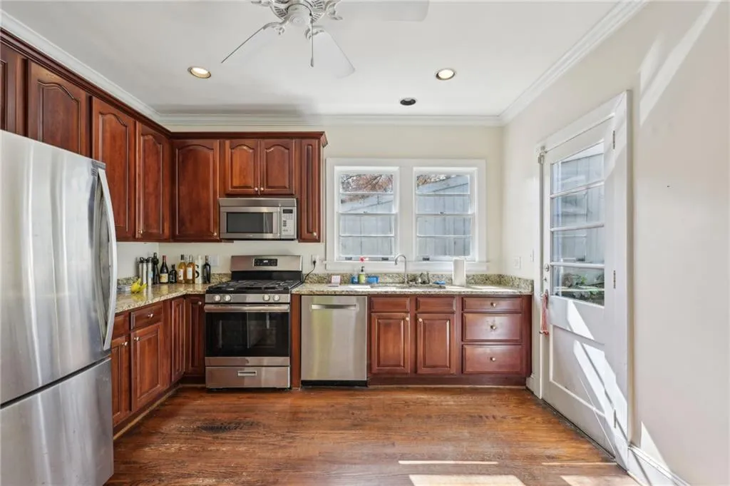 Kitchen with stainless steel appliances and granite countertops
