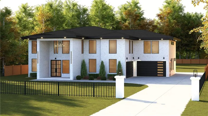 Modern white stucco exterior with a black roof, multiple large windows, a two-car garage with contemporary doors, and a paved driveway leading to a gated entry