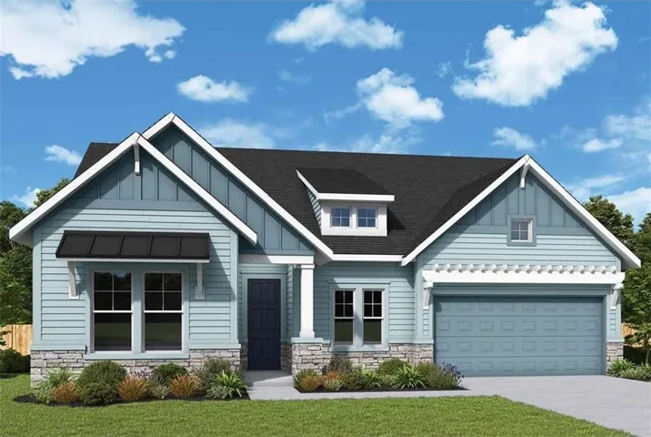 Light blue siding exterior with stone accents, black shingle roof, dark entry door, and a two-car garage