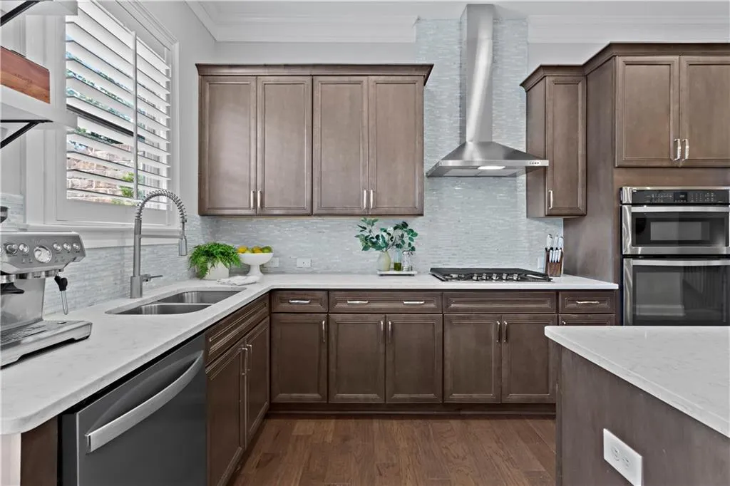 Stained cabinetry adds warmth to the space