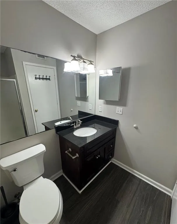 Bathroom with dark wood-type flooring, vanity, a textured ceiling, and a stall shower Bathroom with dark wood-type flooring, vanity, a textured ceiling, and a stall shower
