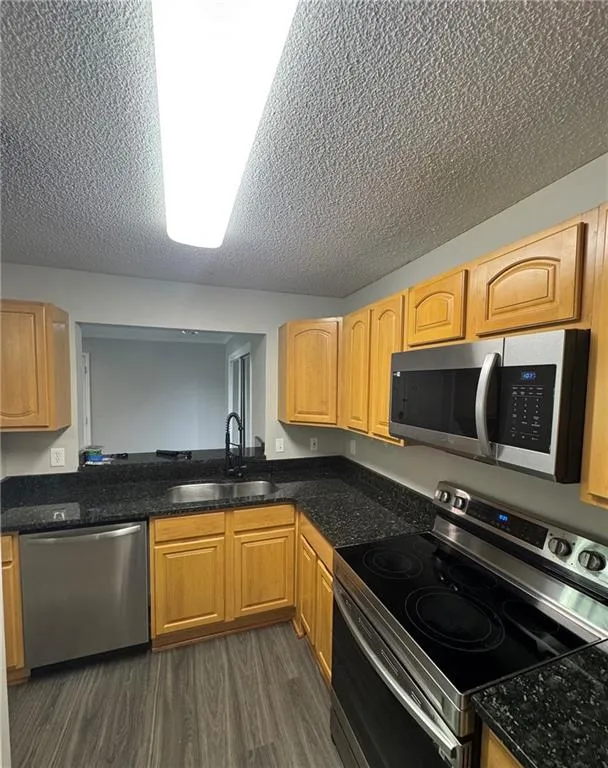 Kitchen with stainless steel appliances, dark wood-style flooring, dark stone countertops, and a textured ceiling Kitchen with stainless steel appliances, dark wood-style flooring, dark stone countertops, and a textured ceiling