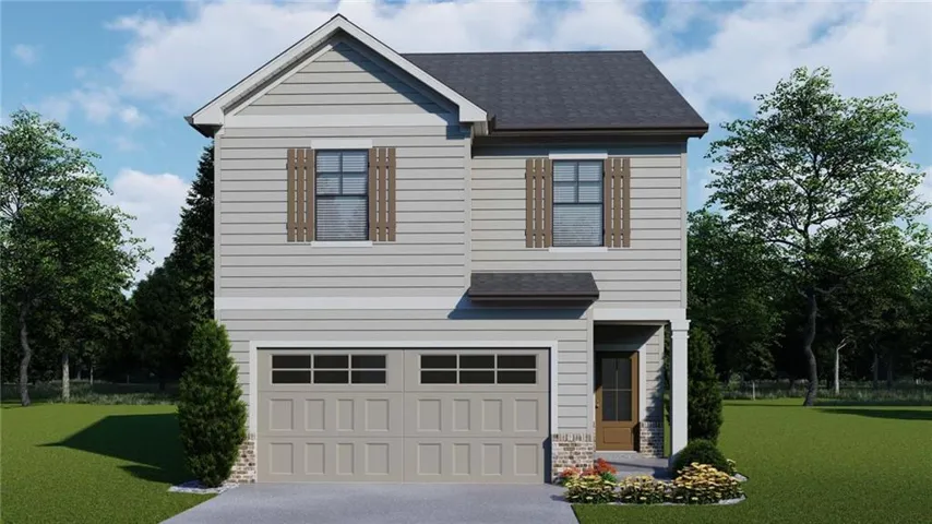 Two-story exterior with light gray siding, dark wood-finish shutters, a two-car garage, and a covered entry