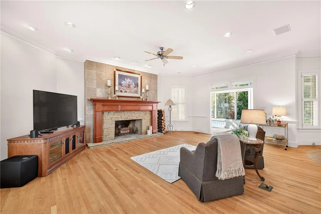 Expansive living room with fireplace