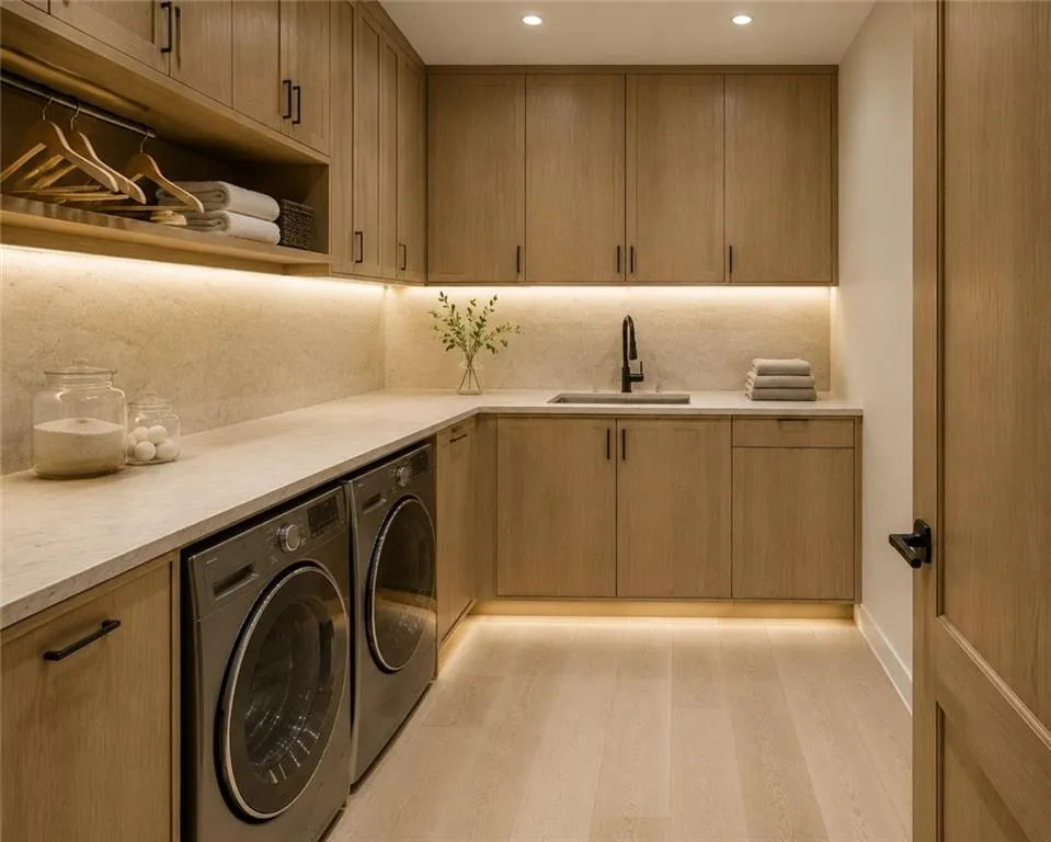 Light wood-finish cabinetry with matte black hardware, stone countertops, and integrated sink