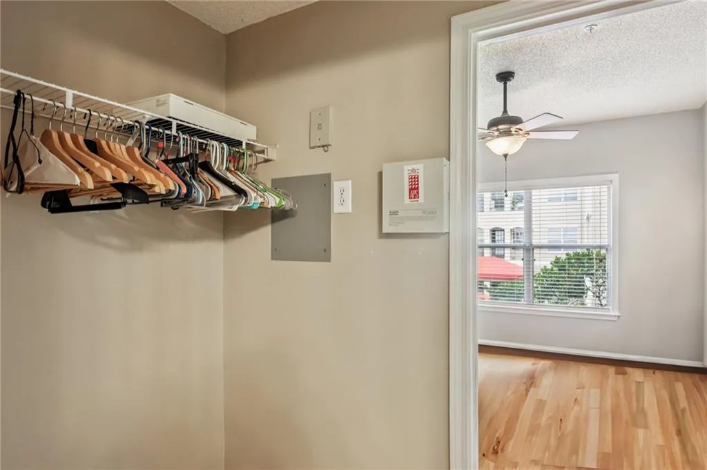 Spacious closet featuring wood finished floors and a ceiling fan