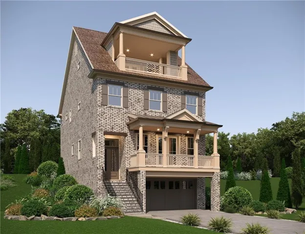 Brick exterior with shutters, covered porch, upper-level balcony, and an integrated garage