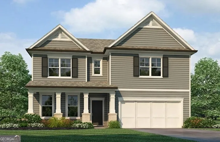 Two-story residence featuring grey siding, a covered front porch with white columns, black exterior shutters, and an integrated two-car garage