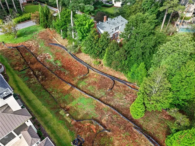 Expansive sloped property featuring terraced landscaping with erosion control and mature perimeter trees