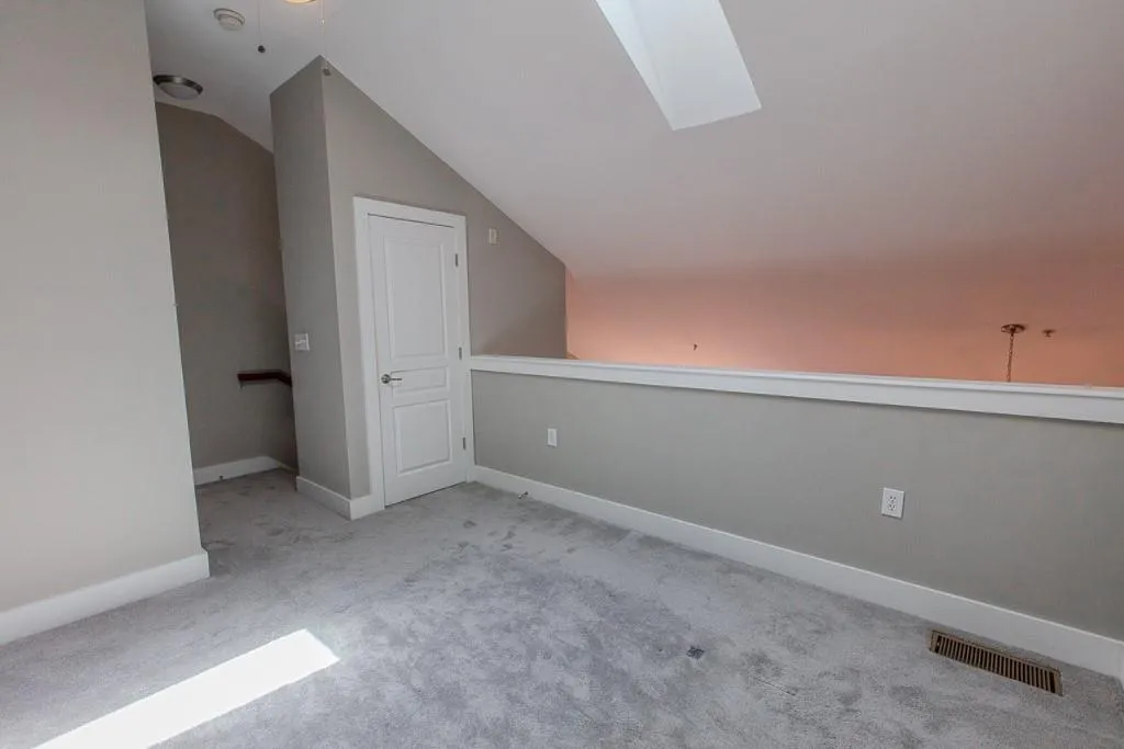 Additional living space featuring light colored carpet and lofted ceiling with skylight Additional living space featuring light colored carpet and lofted ceiling with skylight