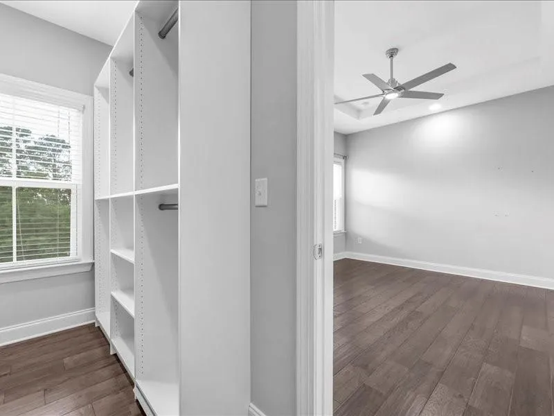 Spacious closet featuring wood-type flooring and ceiling fan