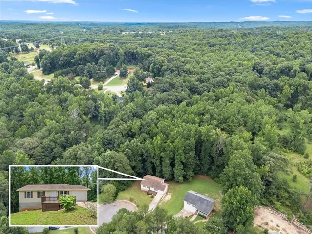 Expansive wooded surroundings with a single-story residence featuring a front deck