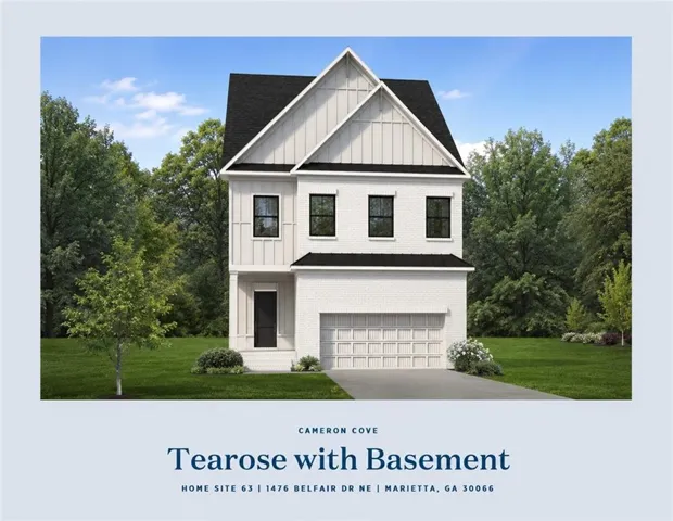 Two-story residence featuring a white brick exterior, black-framed windows, a prominent front gable, a dark shingle roof, and an integrated garage
