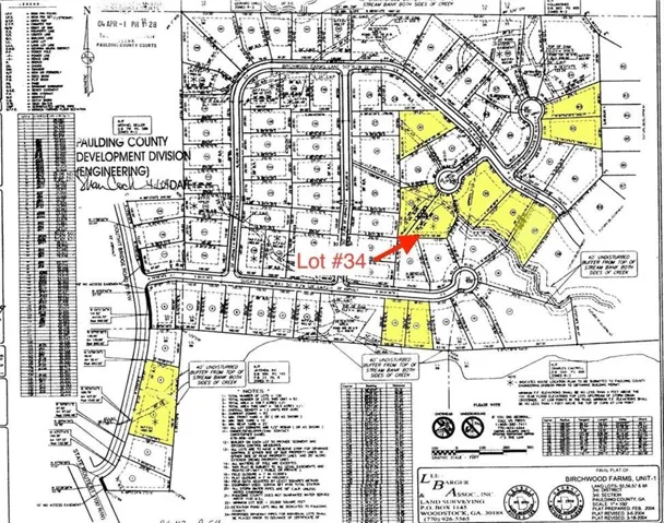 Plat Map. Illustrating the layout of Birchwood Farms, Unit-1, with Lot #34 highlighted
