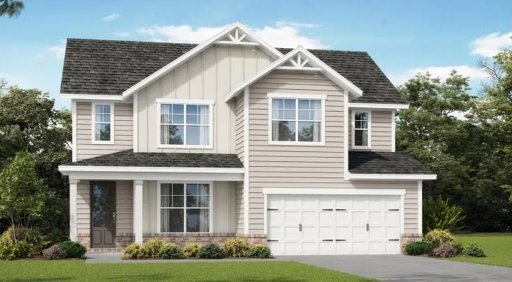 Two-story residence featuring light siding, a dark shingle roof, and a two-car garage
