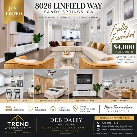 Real Estate Listing Advertisement. Displaying property features, rental rate, and contact information for the property
