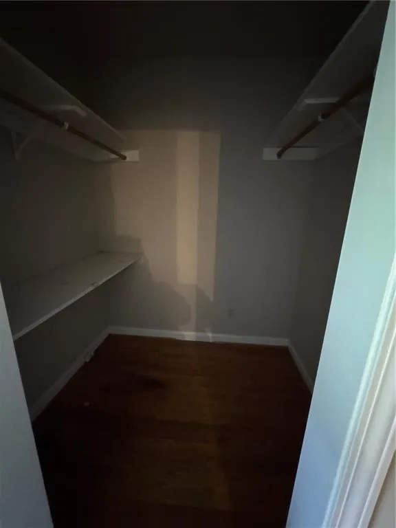 Walk in closet featuring dark wood-style floors