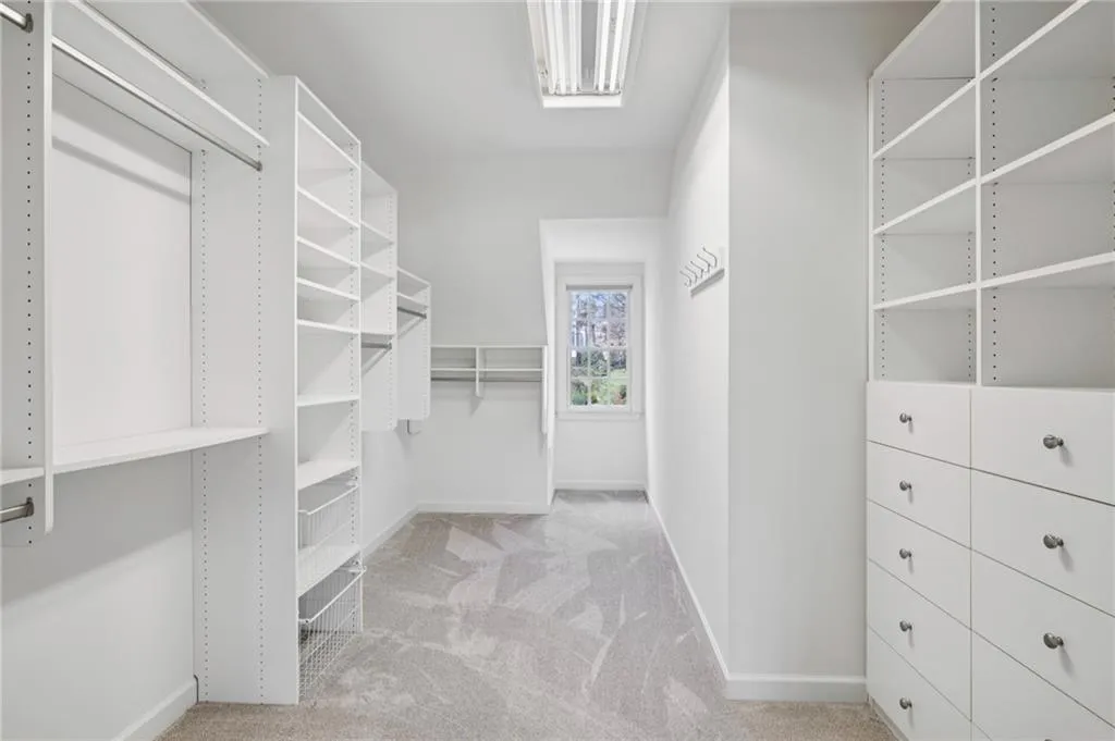 Walk in closet with light colored carpet