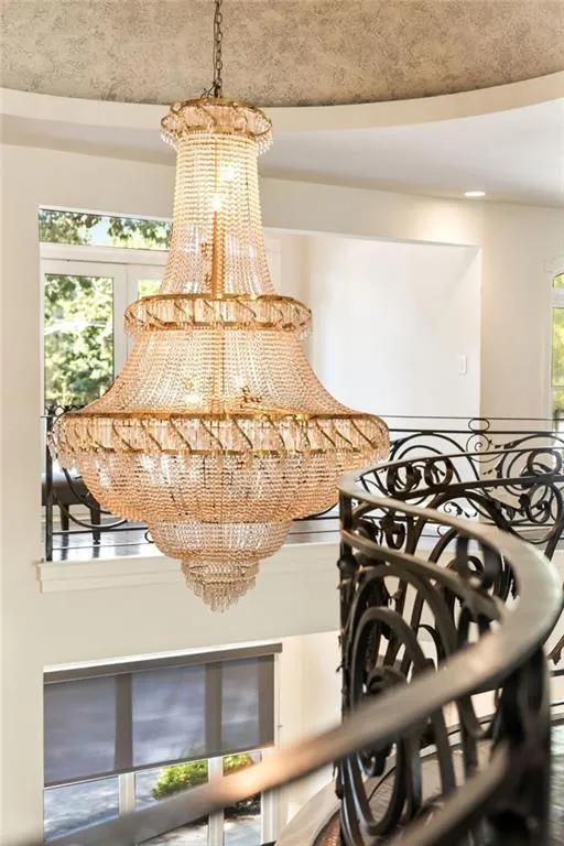 Dining area view of a chandelier